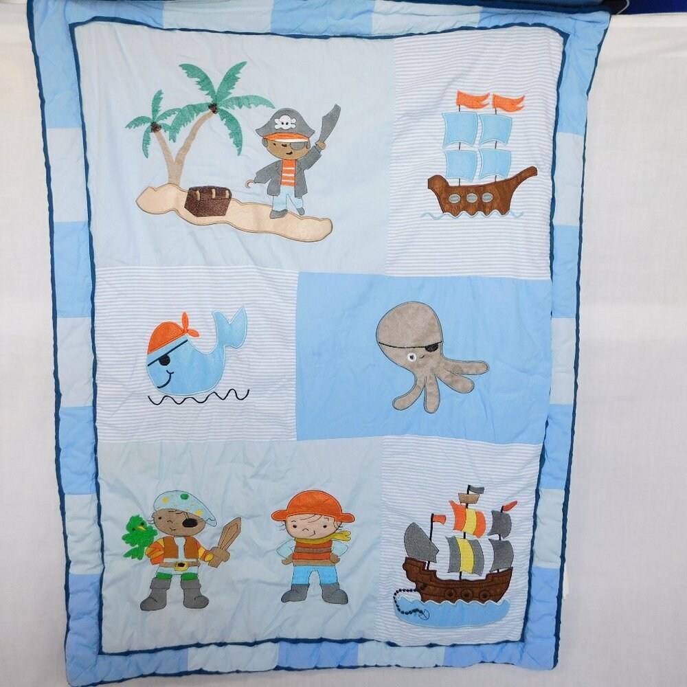 Pirate Theme Baby Infant Crib Quilt Comforter Blanket Blue Embroidered 32" x 44"